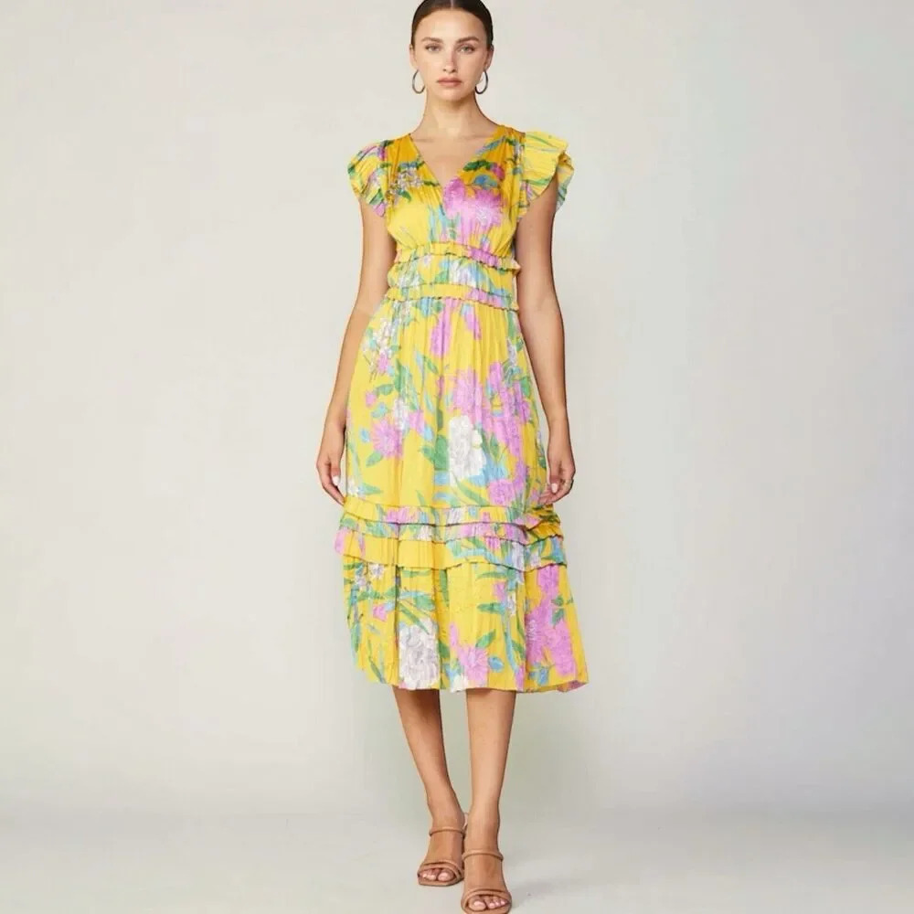 Current Air Seria Midi Dress Marigold V-neck Pleated Floral Flutter Sleeve Sz S